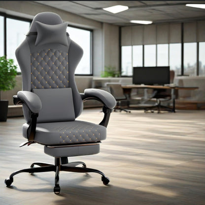Gaming Chair in Leather with Massage Function and Footrest | Ergonomic Computer Chair for Gaming and Office Use, Supports up to 150kg, Enhances Comfort, Grey