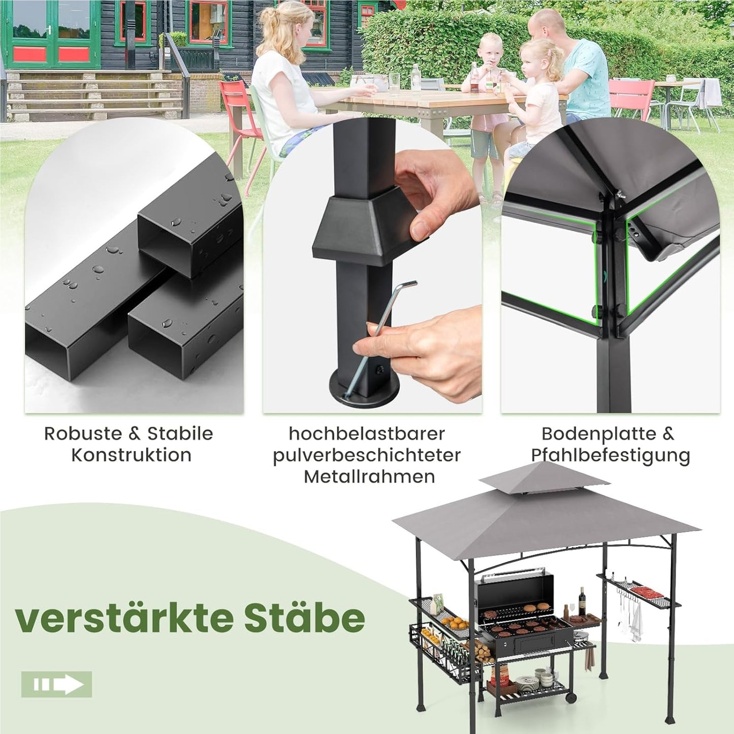 Grillpaviljoen – Barbecueoverkapping – Grill Shelter – BBQ Tent – Buitenkeuken – Dubbel Dak – Weerbestendige Polyester Kap – 242 x 153 x 250 cm – Met Zijtafels en Flessenopener – Metaalframe