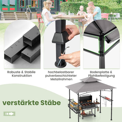 Grillpaviljoen – Barbecueoverkapping – Grill Shelter – BBQ Tent – Buitenkeuken – Dubbel Dak – Weerbestendige Polyester Kap – 242 x 153 x 250 cm – Met Zijtafels en Flessenopener – Metaalframe