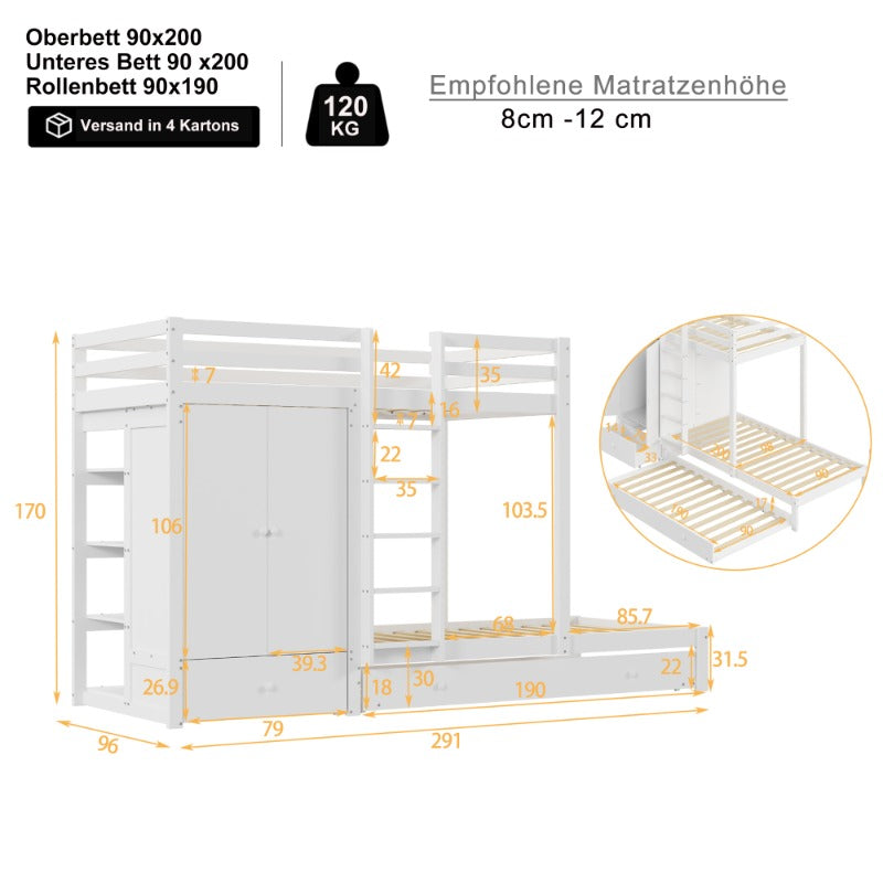 Hoogslaper – Stapelbed – Uitschuifbed – Bedbank – Bedkast – Met Ingebouwde Laden & Opbergruimte – Robuust Metalen Frame – Compact & Ruimtebesparend