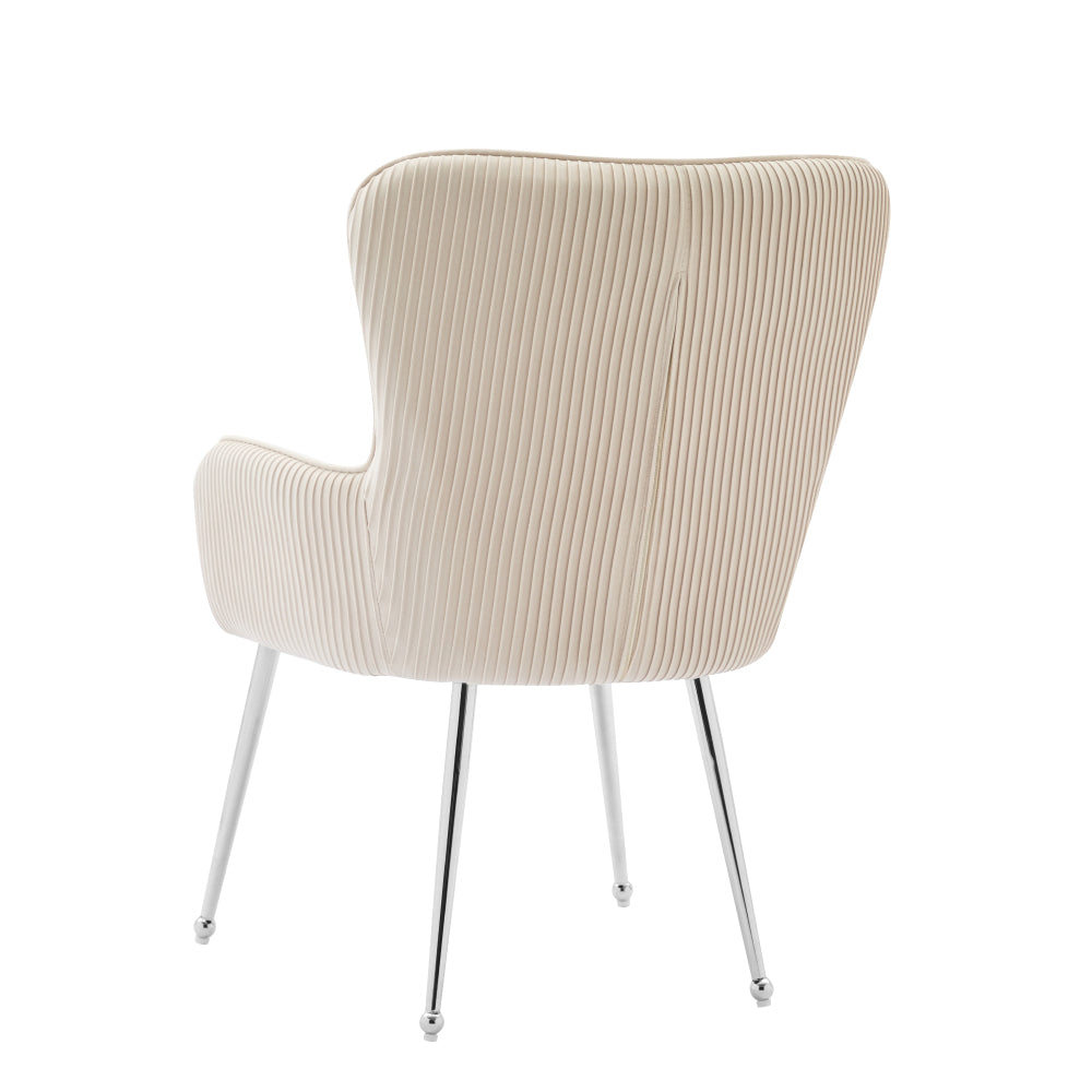 Velvet Dining Chair, Two Piece, Deluxe Model, Suitable for Living Room, Bedroom, Lounge Chair with Four Silvery Metal Legs with Armrests and Adjustable Feet, Lumbar Support Design, Beige, Bedroom Seating, Elegant Seating, Sty