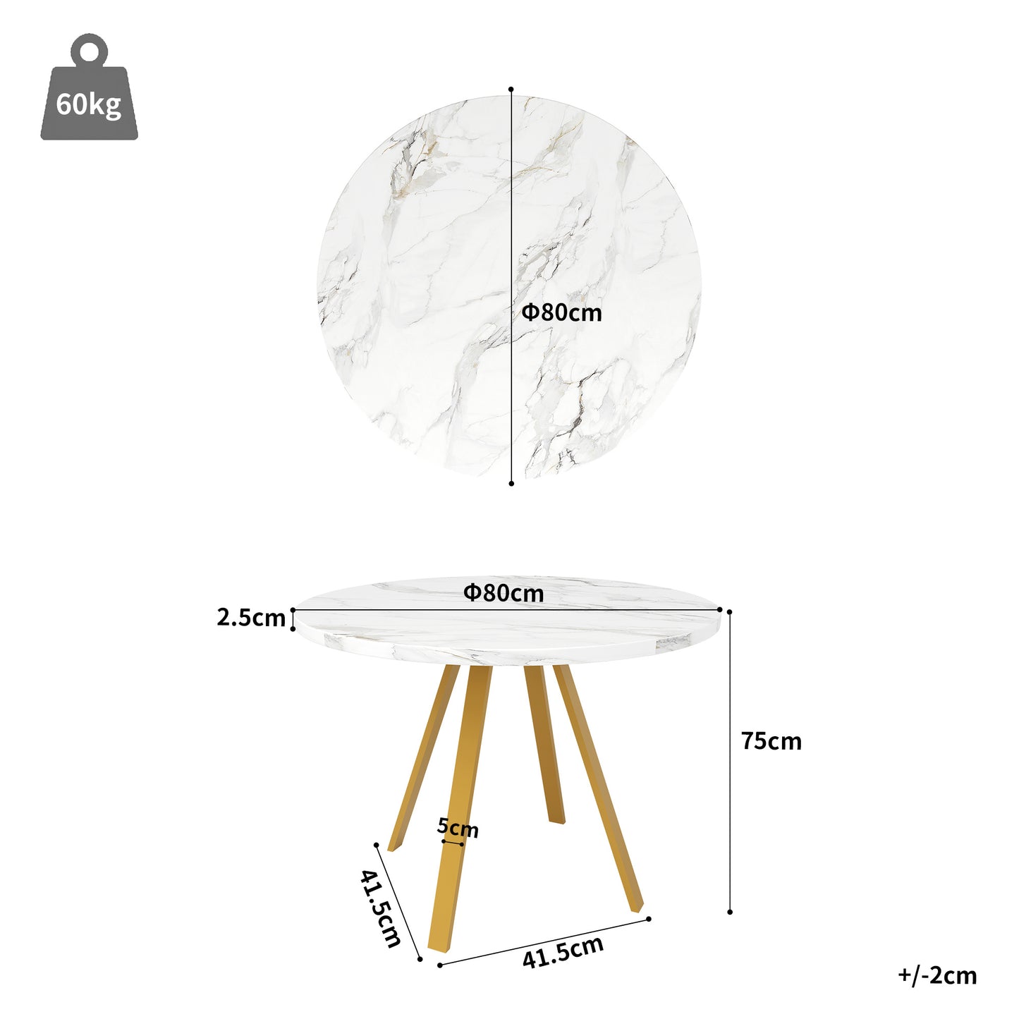Ronde Eetkamertafel – Eettafel Rond – Design Tafel – Marmerlook Tafel – Kleine Tafel – Goud Metalen Frame – 80 cm Diameter – Geschikt Voor 2-4 Personen