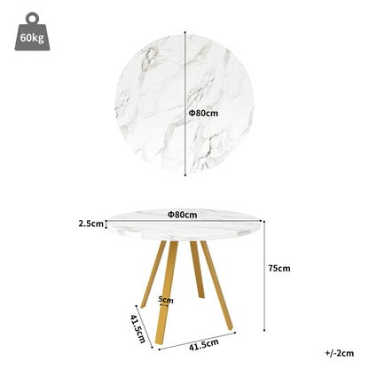 Ronde Eetkamertafel – Eettafel Rond – Design Tafel – Marmerlook Tafel – Kleine Tafel – Goud Metalen Frame – 80 cm Diameter – Geschikt Voor 2-4 Personen