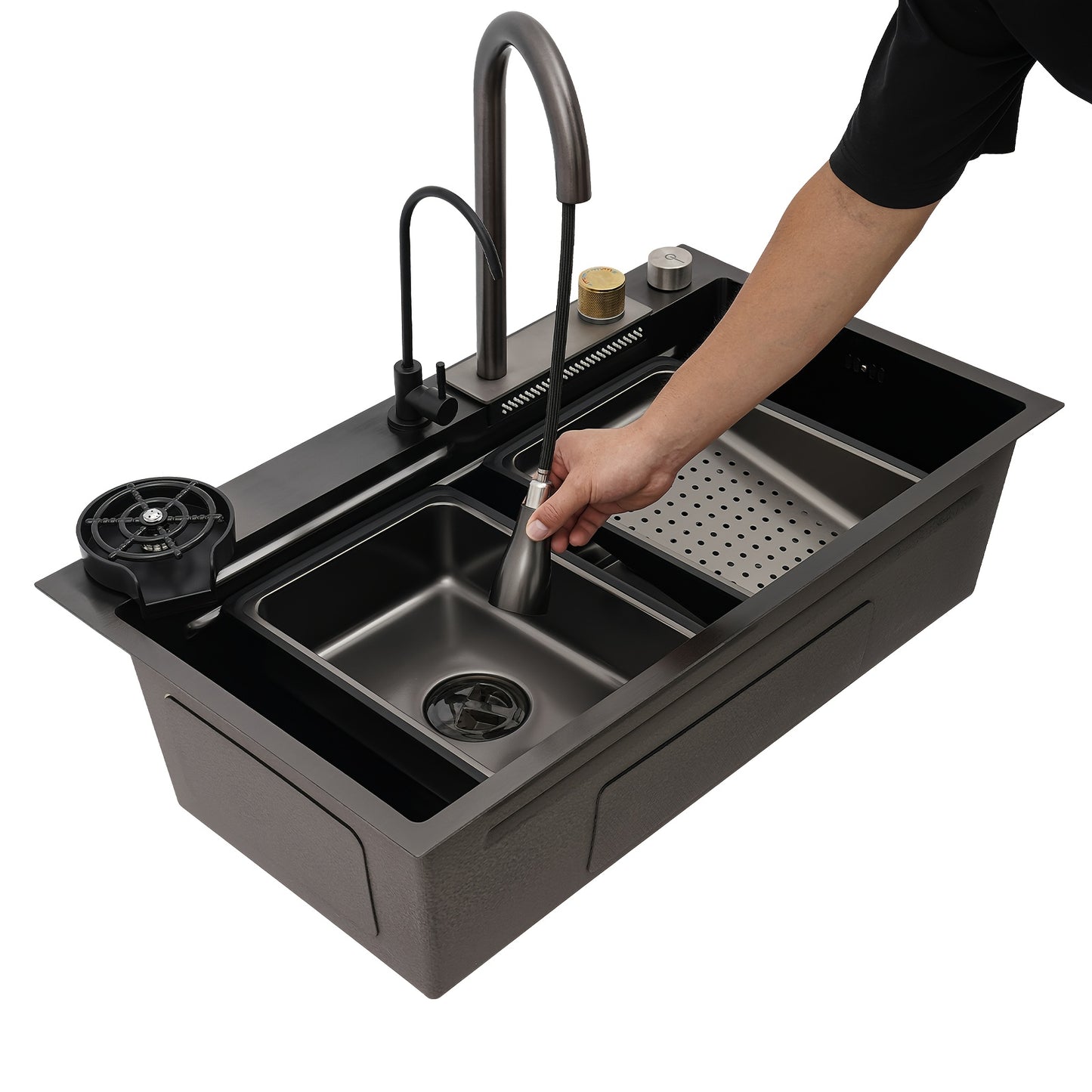 RVS Keukenspoelbak – Keukenspoelbak – Spoelbak – Keukenspoelbak Met Kraan – Spoeltafel – 80cm Diepe Wastafel – 3 Waterstanden Met Uittrekbare Kraan