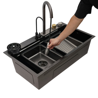 RVS Keukenspoelbak – Keukenspoelbak – Spoelbak – Keukenspoelbak Met Kraan – Spoeltafel – 80cm Diepe Wastafel – 3 Waterstanden Met Uittrekbare Kraan