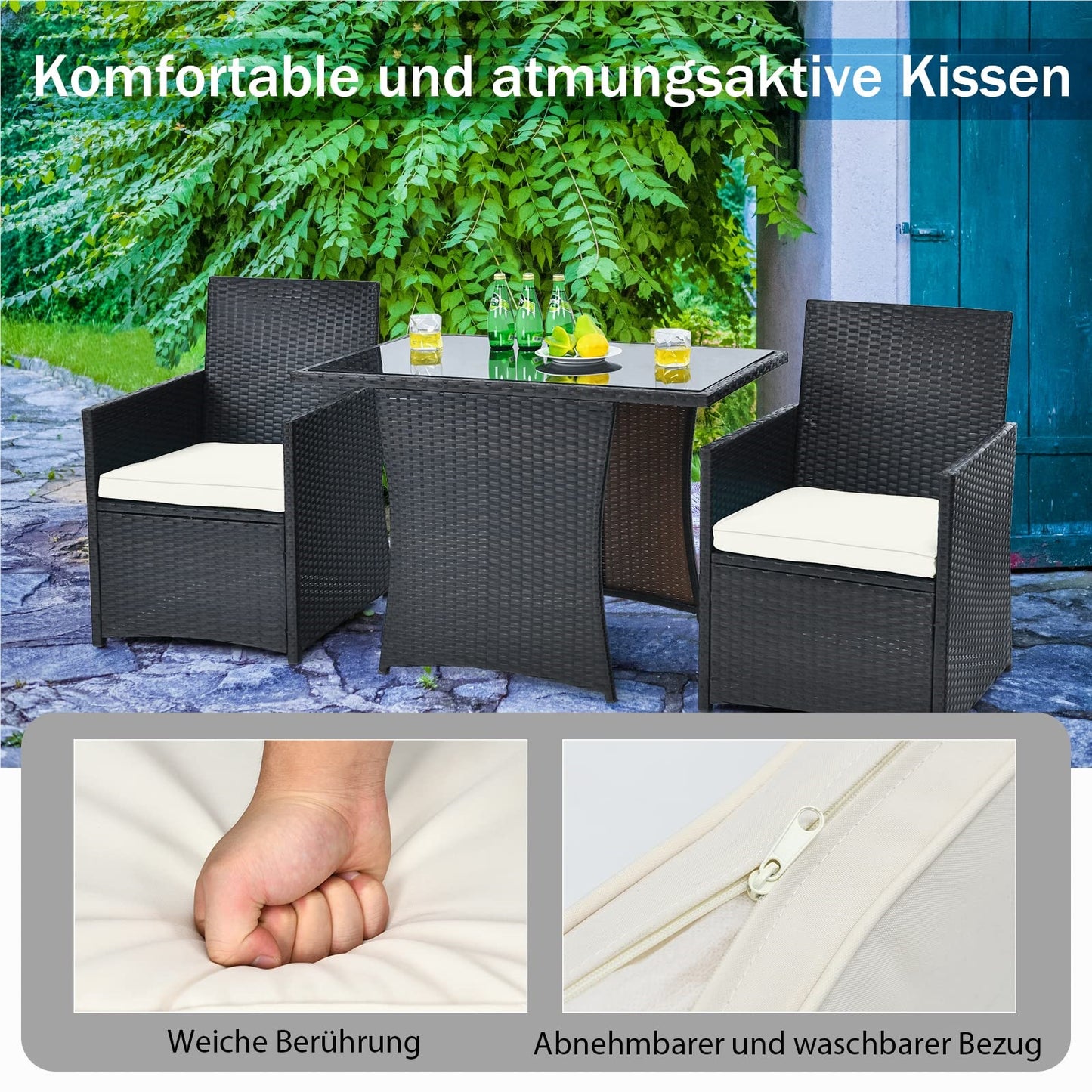 3-delige Polyrattan Tuinset – Bistroset – Loungeset – Tuinmeubelset – Balkonset – Ruimtebesparend Ontwerp – Weerbestendig Met Glasplaat