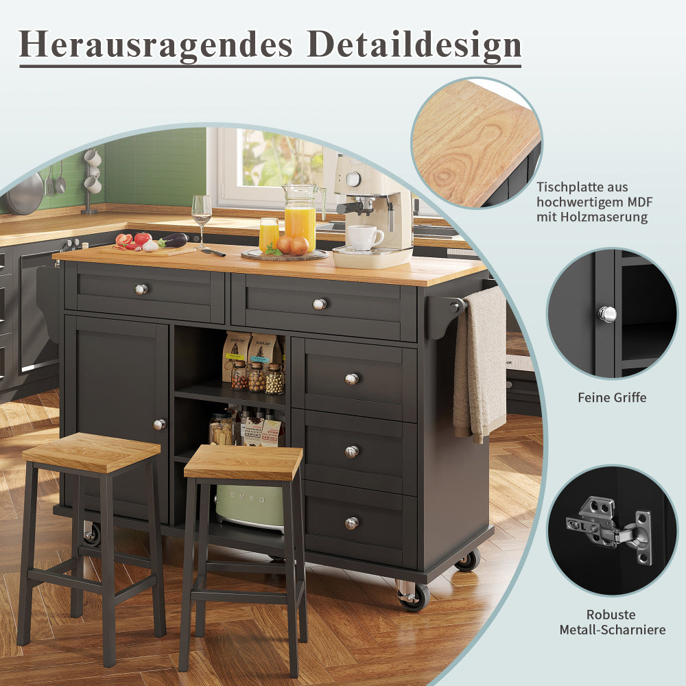 Serveerwagen – Keukentrolley – Opbergtrolley – Rolwagen – Keukenwagen – Mobiel en Vast Zetbaar – 134 x 46 x 92 cm – Strak Zwart Design
