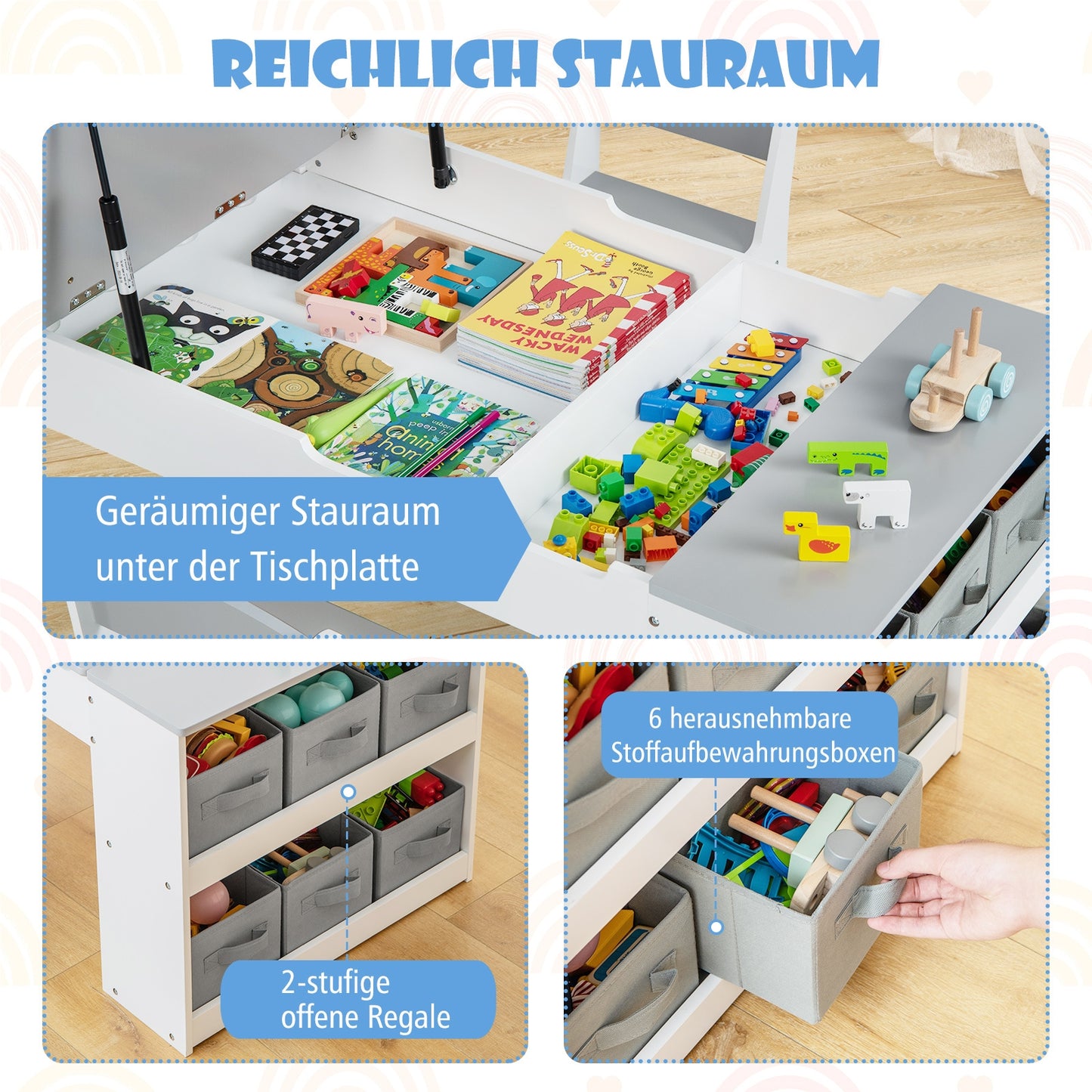 Kindertafel – Kinderbureau – Speeltafel – Knutseltafel – Schildersezel – Houten 3-in-1 Zetelset – Met Opbergruimte & Lift-Top Tafelblad – Grijs