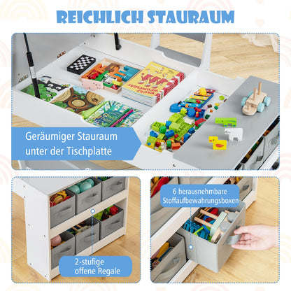 Kindertafel – Kinderbureau – Speeltafel – Knutseltafel – Schildersezel – Houten 3-in-1 Zetelset – Met Opbergruimte & Lift-Top Tafelblad – Grijs