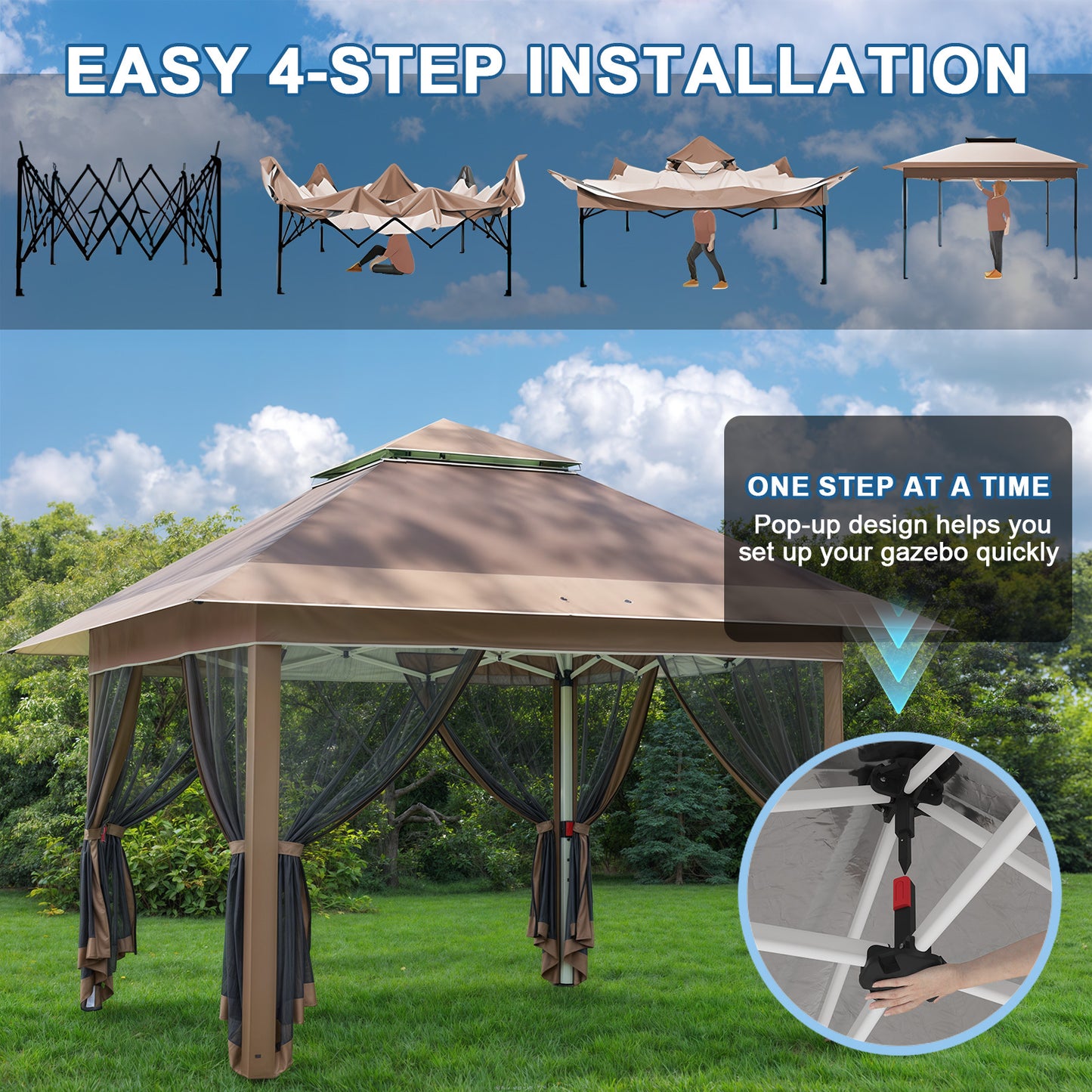 Paviljoen – Tuinpaviljoen – Partytent – Pergola – Prieel – Verstelbare Hoogte – Met Muskietennet – 3,28x3,28 m – Aluminium Frame – Opvouwbaar Met Draagtas Op Wieltjes - Bruin