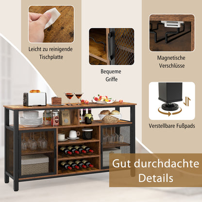 Buffetkast – Dressoir – Opbergkast – Keukenkast – Wijnkast – Berkenhout en Zwart Metaal – Flessenrek voor 8 Flessen en Wijnglashouder