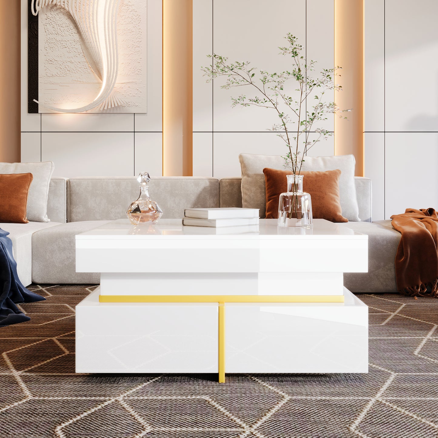 Salontafel – Koffietafel – Woonkamertafel – Bijzettafel – Opbergtafel – Hoogglans Wit Met Gouden Accenten – 2 Laden – Compact 70x70x35,5 cm