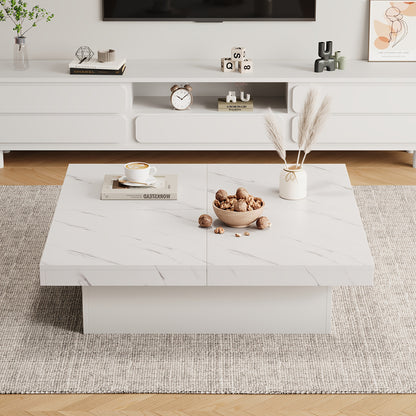 Modern White Square Coffee Table with Marble Texture, Size 90 X 90 X 25cm, Equipped with Four Drawers, Sliding Table Top, Load Capacity Up to 30kg,  Contemporary Style, Minimalist Design, Storage Table, Compact Table, Small S