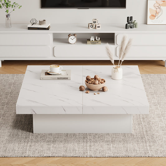 Modern White Square Coffee Table with Marble Texture, Size 90 X 90 X 25cm, Equipped with Four Drawers, Sliding Table Top, Load Capacity Up to 30kg,  Contemporary Style, Minimalist Design, Storage Table, Compact Table, Small S