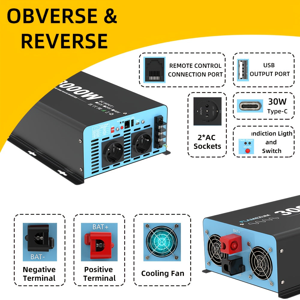 3000W Omvormer – Spanningsomzetter – Stroomconverter – Inverter – DC Naar AC – 12V Naar 230V – Pure Sinus – 2 AC Stopcontacten Met Afstandsbediening