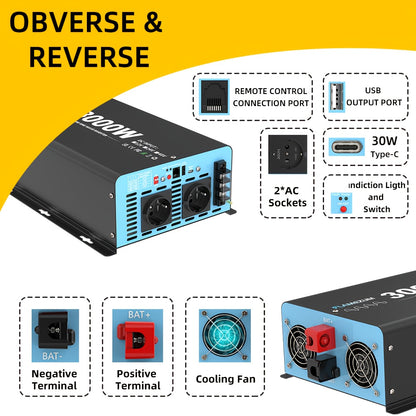 3000W Omvormer – Spanningsomzetter – Stroomconverter – Inverter – DC Naar AC – 12V Naar 230V – Pure Sinus – 2 AC Stopcontacten Met Afstandsbediening