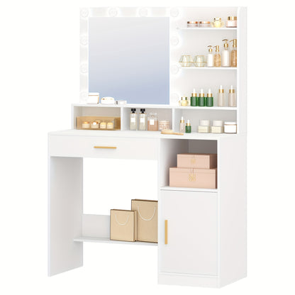 Dressing Table with Mirror And 10 LED Lights, Dressing Table with 3 Shelves & 4 Open Compartments, Dressing Table with Large Drawer & Cabinet, 3 Adjustable Lighting Levels, Mounted Closet Systems