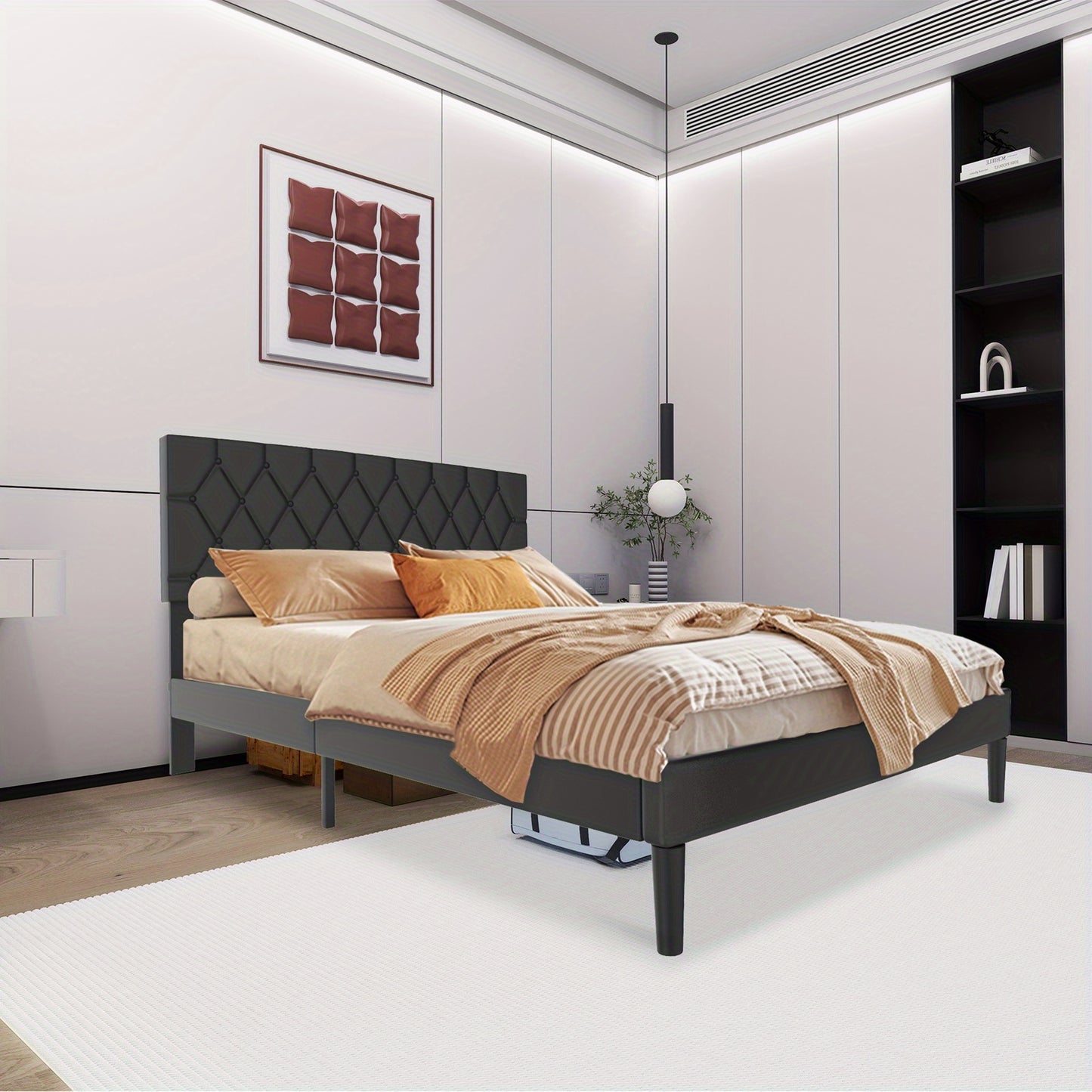 90/140/160 x 200cm Bed Black Upholstered Bed Faux Leather Platform Bed Frame Frame with Faux Leather Headboard Double Bed Bedroom Bed