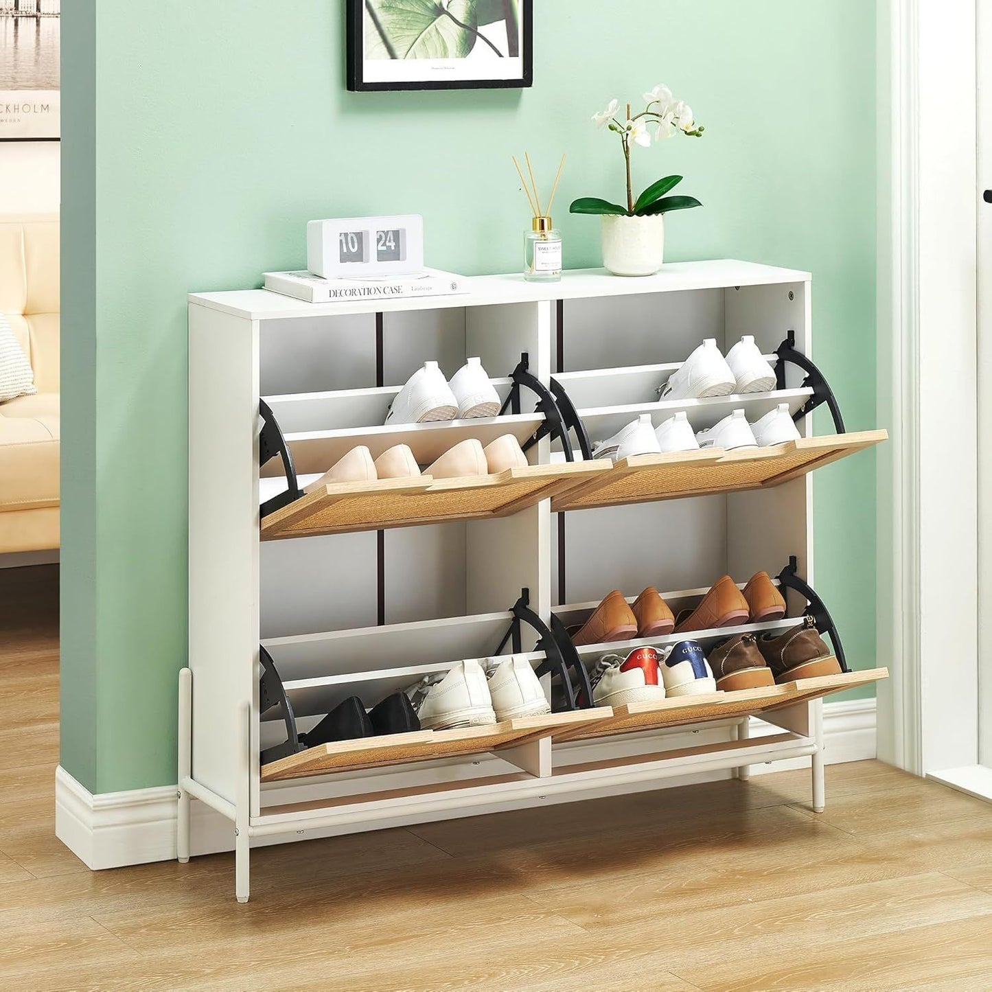 4-Door Shoe Cabinet Organizer | Holds 20 Pairs, Adjustable Shelves, Modern Hallway Storage Furniture, Spacious Storage Capacity, Flip Drawer Design, Hardwood, Floor Mount