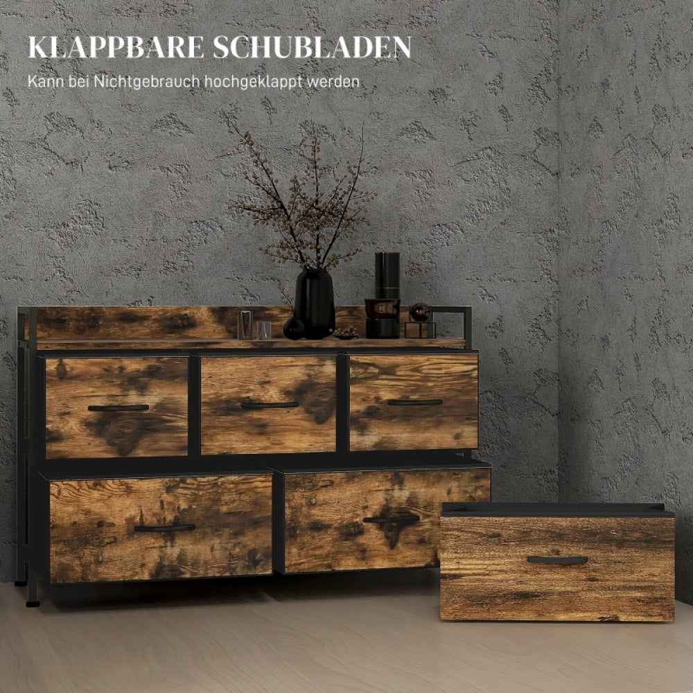 Ladekast – Ladenkast – Commode – Opbergkast – Dressoir – 5 Stoffen Lades – Robuust Stalen Frame – Industrieel Design – Compact 98x29x63 cm