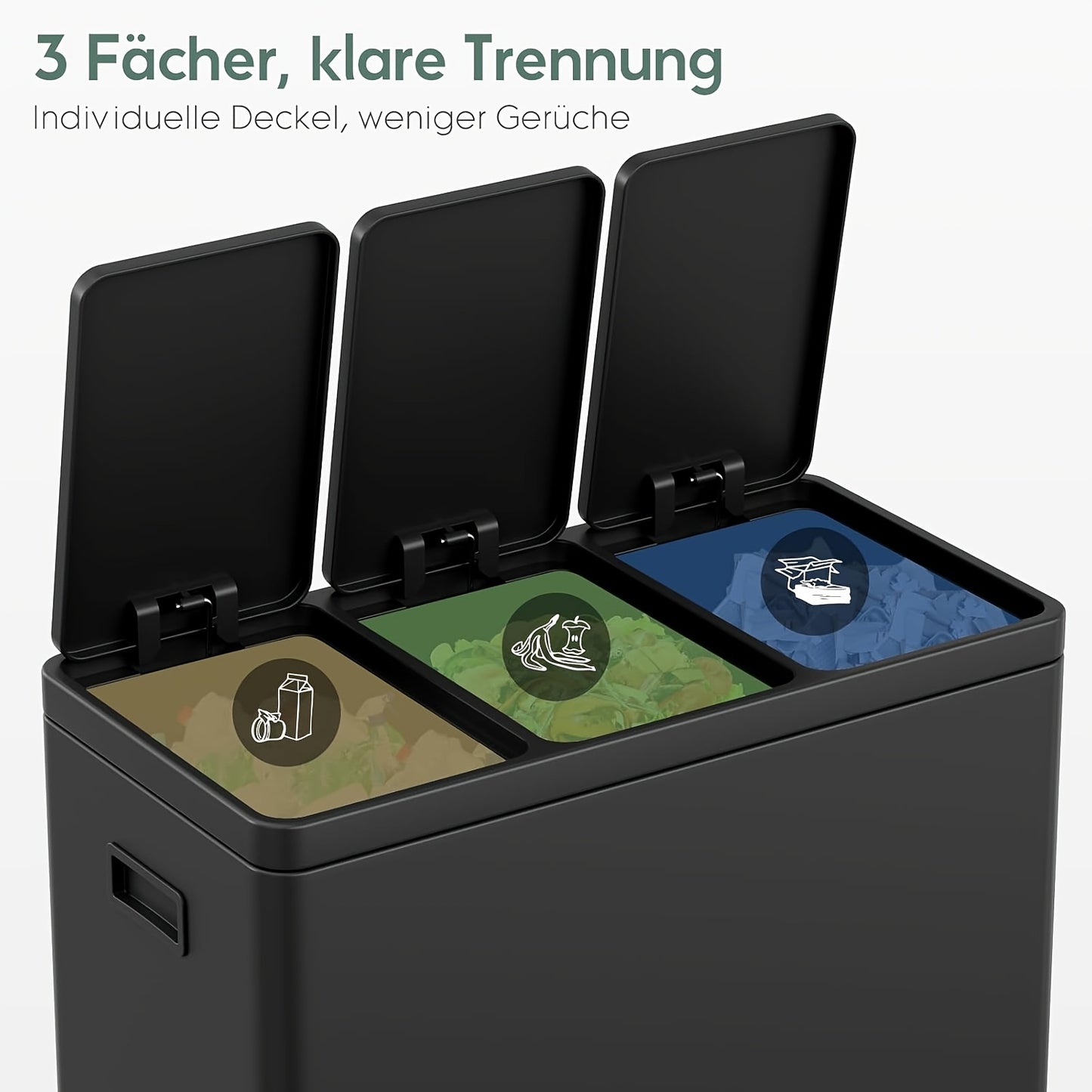 45 L Kitchen Trash Can | 3 Compartments, Soft-Close Lid, Inner Bin, Foot-Operated Recycling Bin, Waste Sorting Bin, Plastic, Polished Finish, Step-on Opening Mechanism