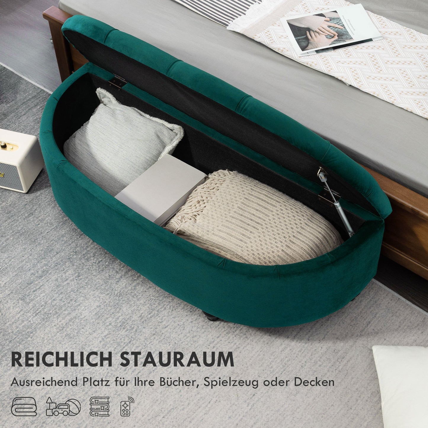 Opbergbank – Zitbank – Opbergkist – Halbank – Opbergbox – Fluweel Bekleed – Rubberen Houten Poten – 120x46x42 cm – Duurzaam en Comfortabel