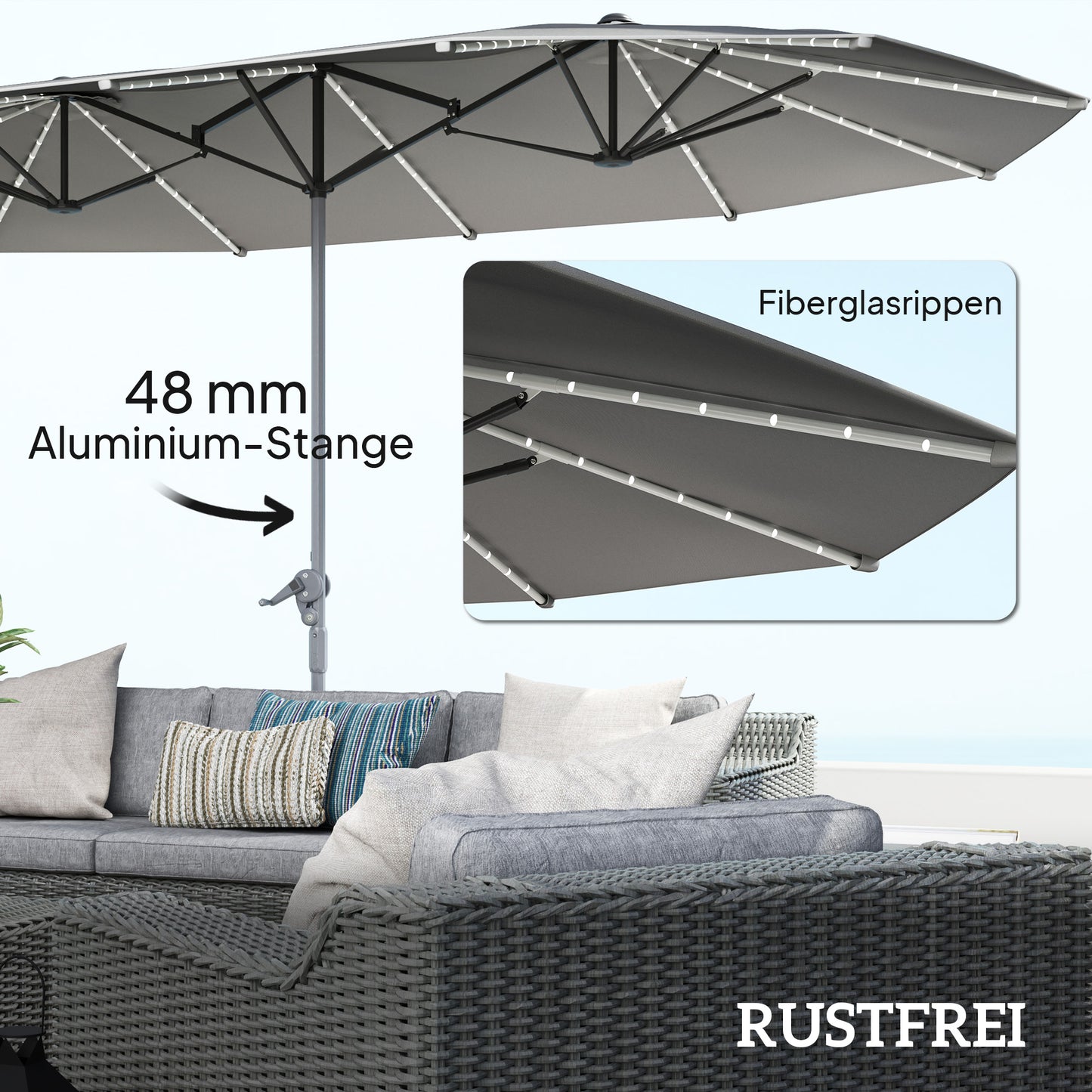 Dubbele Parasol – Terrasparasol – Zonneparasol – Buitenshade – UV-Parasol – Zonnepanelen Met LED-Verlichting – Aluminium Frame & UPF50+ Polyester
