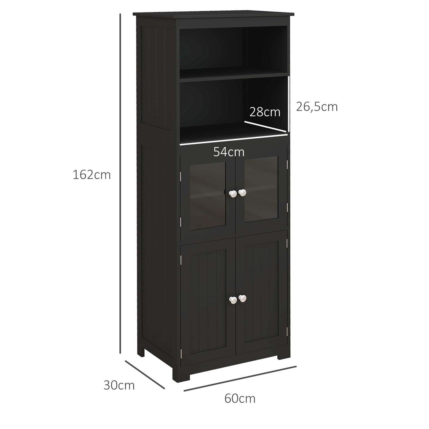 Keukenopbergkast – Keukenkast – Buffetkast – Dressoir – Sideboard – Zwart MDF Met Glazen Deuren – 60x30x162 cm – Verstelbare Plank