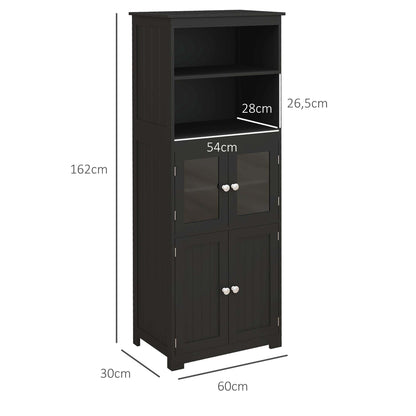 Keukenopbergkast – Keukenkast – Buffetkast – Dressoir – Sideboard – Zwart MDF Met Glazen Deuren – 60x30x162 cm – Verstelbare Plank
