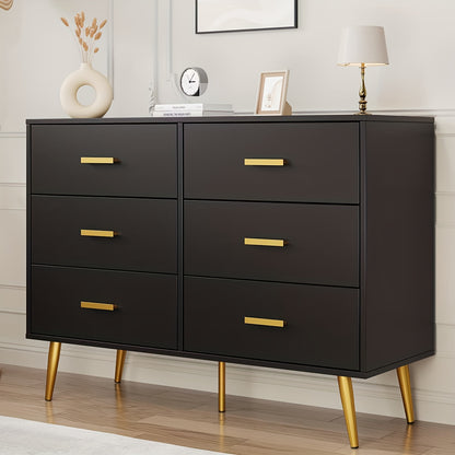 Ladekast – Dressoir – Ladenkast – Opbergkast – Kledingkast – Zwart met Gouden Handgrepen – 6 Ruime Lades – Compact MDF en Hout