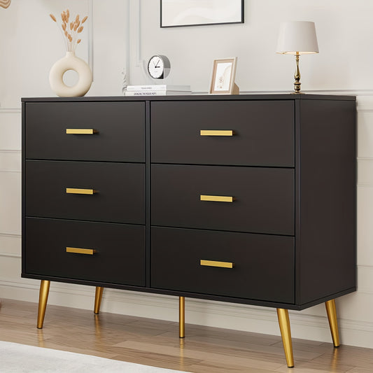 Ladekast – Dressoir – Ladenkast – Opbergkast – Kledingkast – Zwart met Gouden Handgrepen – 6 Ruime Lades – Compact MDF en Hout