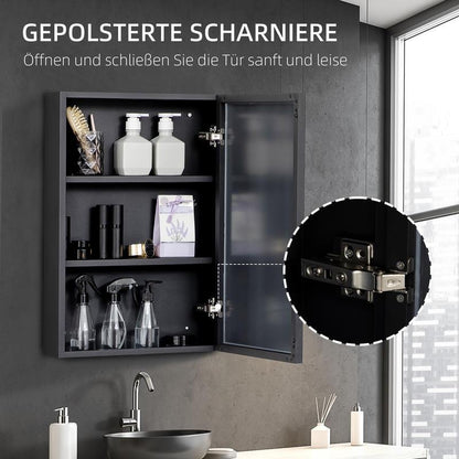 Mirror Cabinet, Bathroom Cabinet, 3 Shelves, Stainless Steel, 40X12X60Cm, Black, Bathroom Storage Cabinet with Shelves And Doors, Multifunctional Storage Unit.