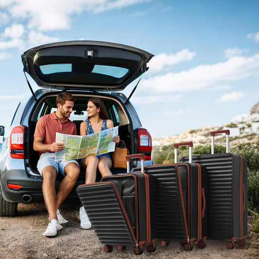 3pcs Luggage Set - Innovative Front Opening Design + Collapsible Cup Holder, ABS Material, TSA Lock, 360° Wheels For M (20'), L (24'), XL (28") Luggage (Black, White, Grey, Brown)
