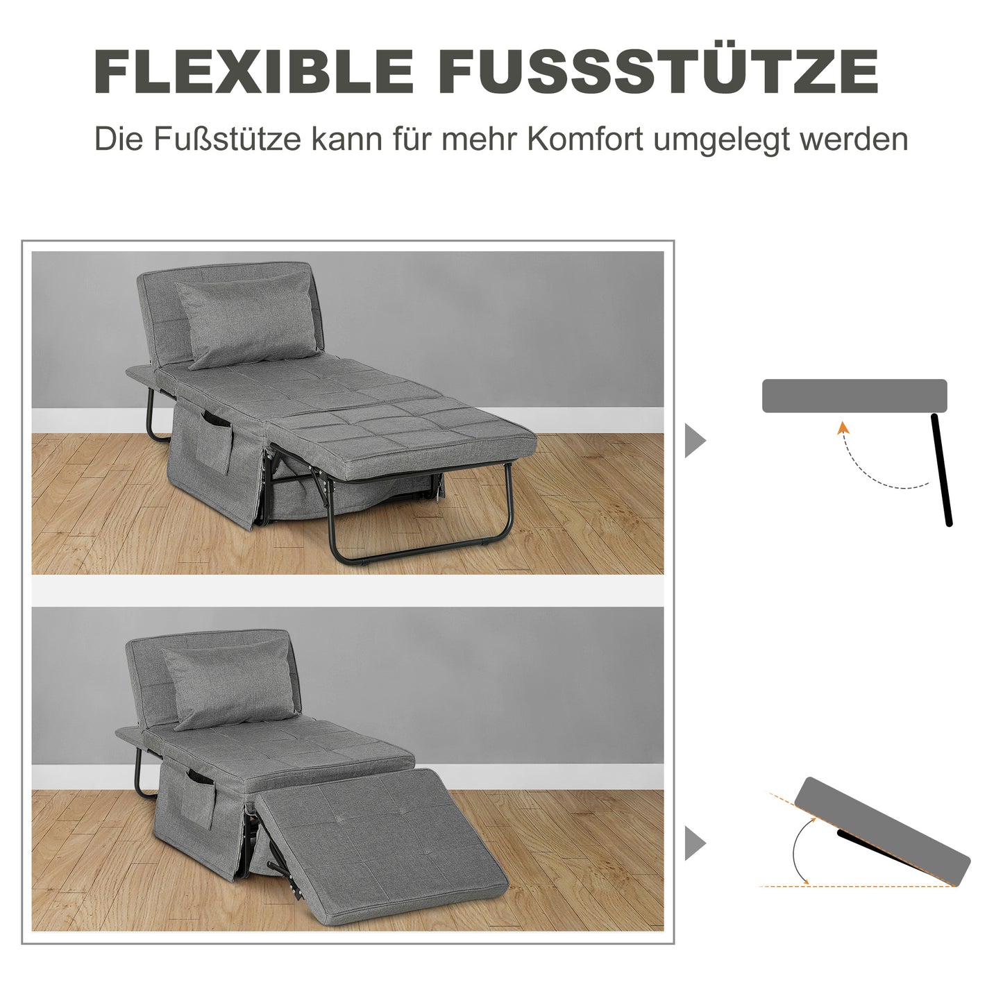 Opvouwbed – Vouwbed – Opklapbed – Logeerbed – Eenpersoonsbed – 8 cm Matras – 5-standen Verstelbare Rugleuning – Stabiel Stalen Frame – Grijs – 188x75x38 cm