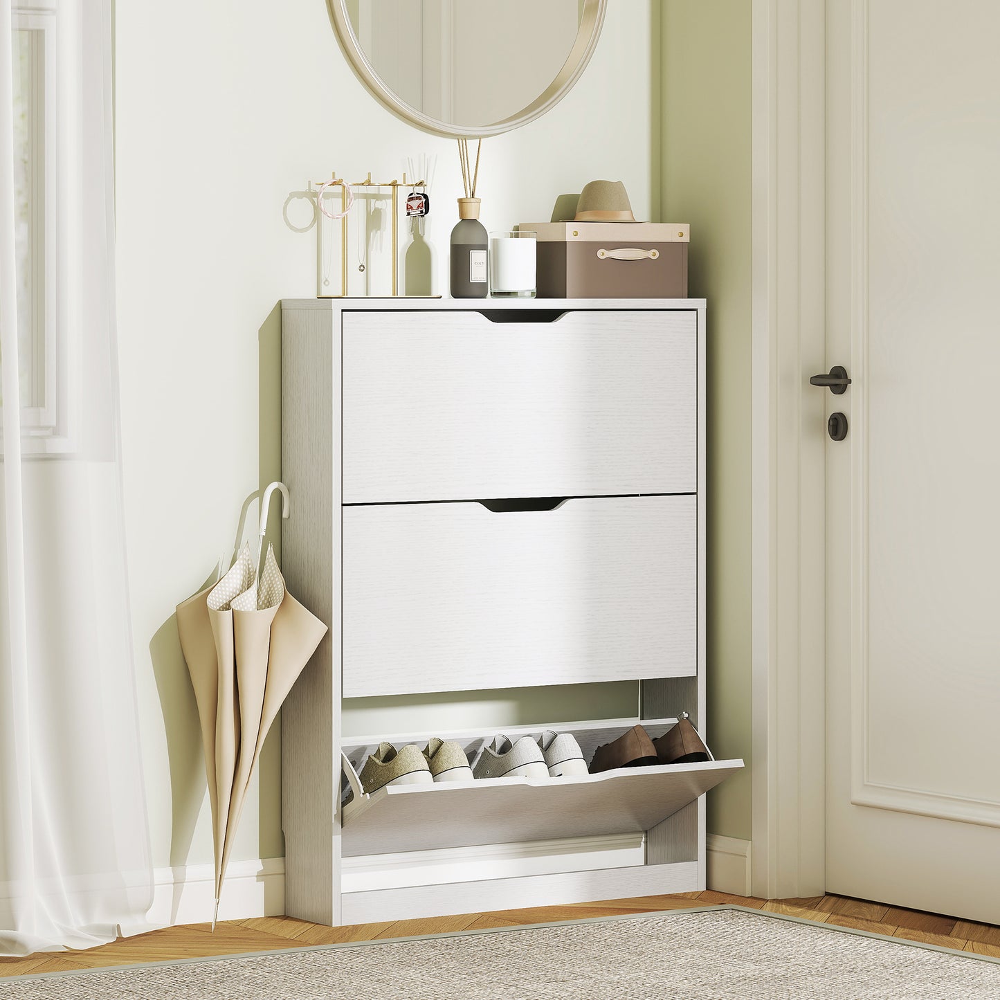 Schoenenkast – Schoenenkast – Schoenenrek – Schoenopberger – Schoenmeubel – 3 Uittrekbare Lades – Slank Wit Design 80x17x108 cm