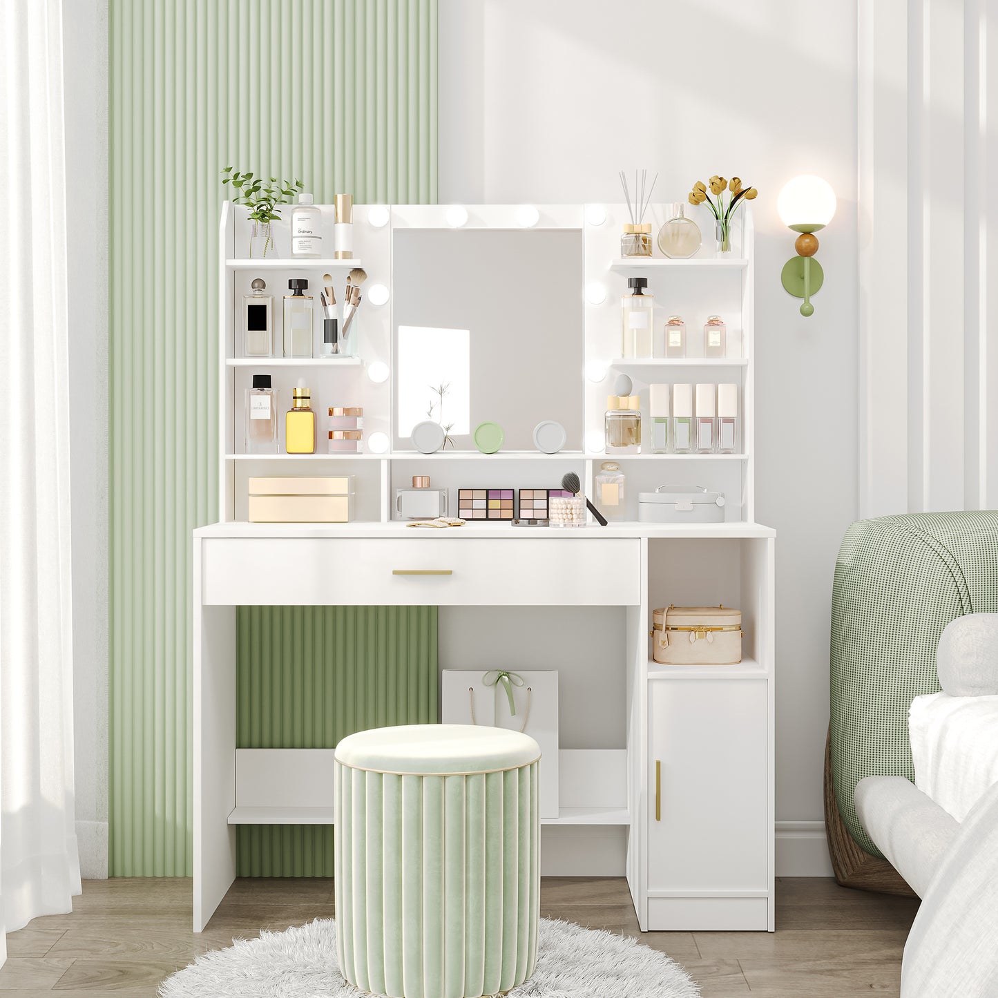 Make-up Tafel – Kaptafel – Dressoir – Sieradendoos – Make-up Kast – Witte Make-up Tafel – Ingebouwde LED-verlichting – Ruime Opberglades en Open Vakken