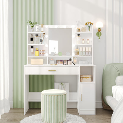 Make-up Tafel – Kaptafel – Dressoir – Sieradendoos – Make-up Kast – Witte Make-up Tafel – Ingebouwde LED-verlichting – Ruime Opberglades en Open Vakken