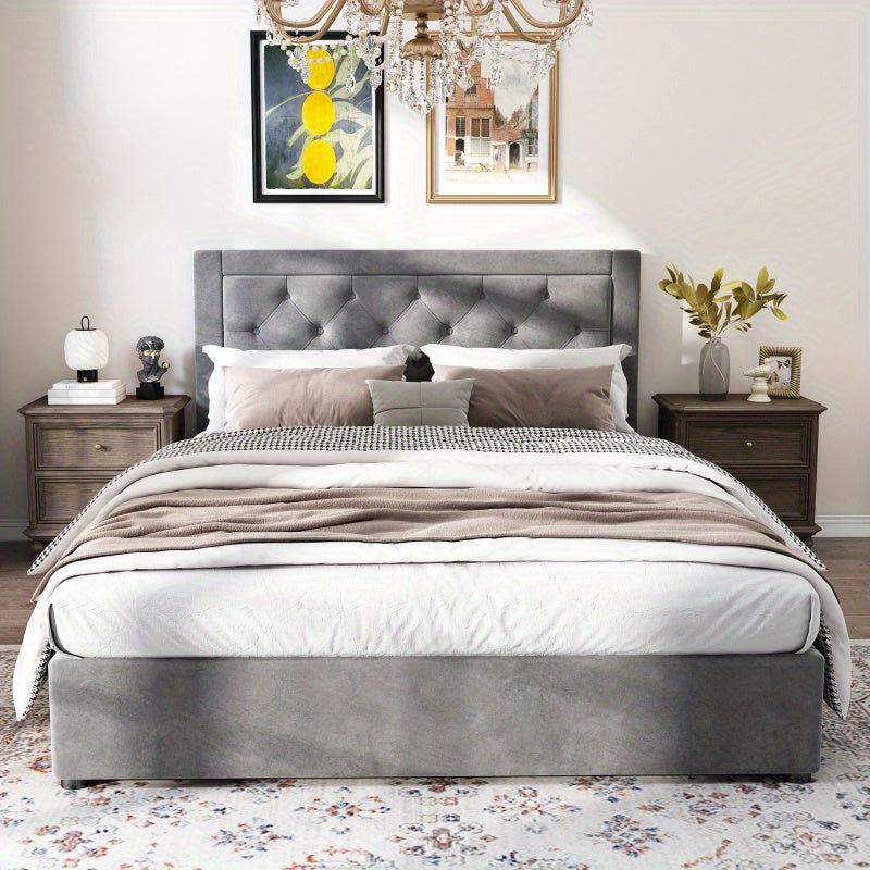Tweepersoonsbed Chesterfield – Bed – Slaapbank – Logeerbed – Opbergbed – Grijs Velvet – Stalen Frame – Foam Hoofdbord – Opbergruimte Met Lifthendels 140x200 cm