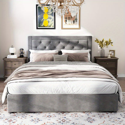 Tweepersoonsbed Chesterfield – Bed – Slaapbank – Logeerbed – Opbergbed – Grijs Velvet – Stalen Frame – Foam Hoofdbord – Opbergruimte Met Lifthendels 140x200 cm