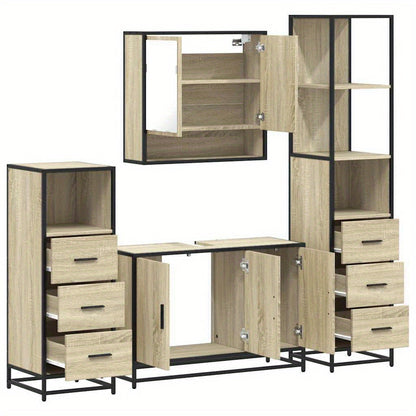 Badkamermeubel – Badmeubelset – Wastafelmeubel – Onderkast – Kolomkast – 4-delige Set – Sonoma Eiken Hout – Duurzaam & Eenvoudig te Monteren
