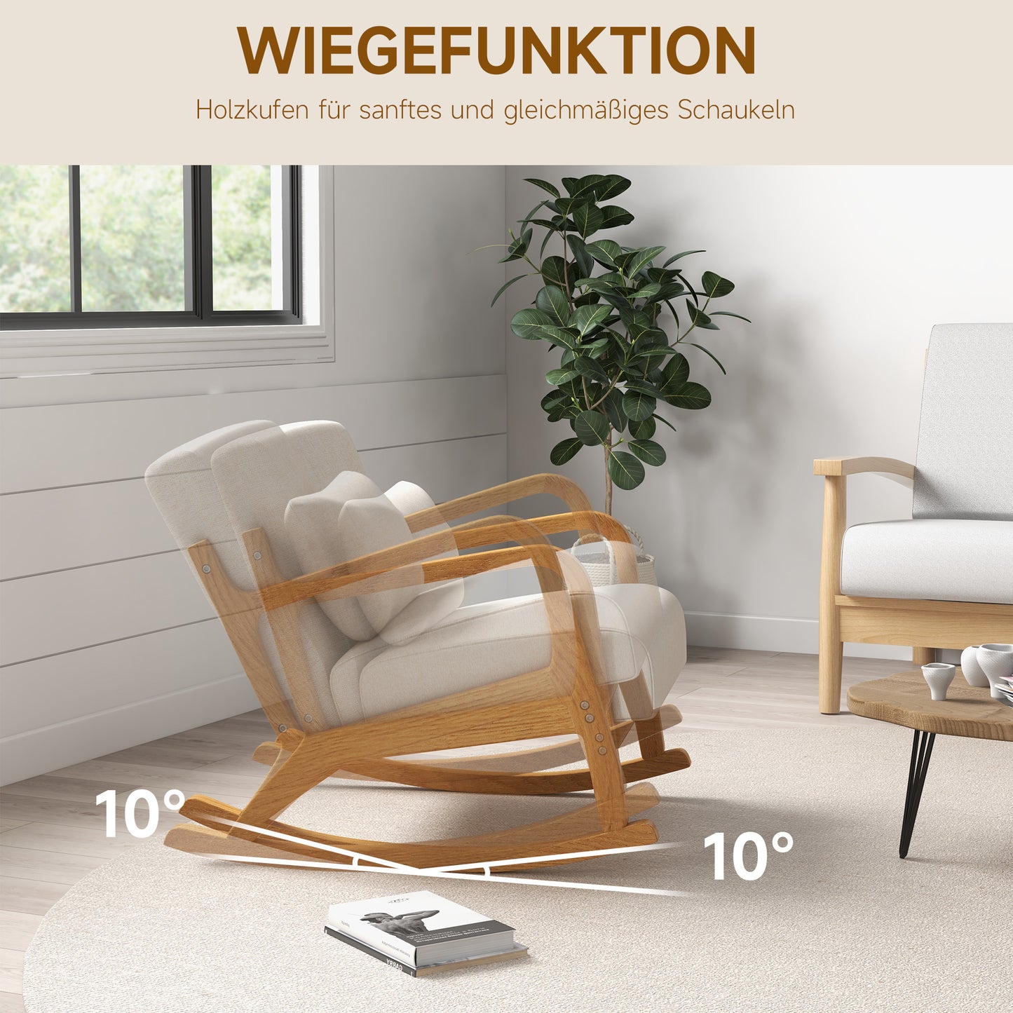 Schommelstoel – Schommelstoel Retro – Relaxstoel – Wiegestoel – Lounge Stoel – Beige Design – Rubberhout Frame – Dikke Kussens
