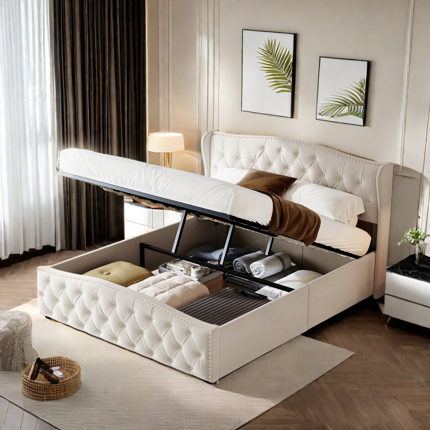 bedframe – gestoffeerd bed – tweepersoonsbed – opbergbed – platformbed – 140x200 cm – golvend fluwelen design – lift-up opbergruimte