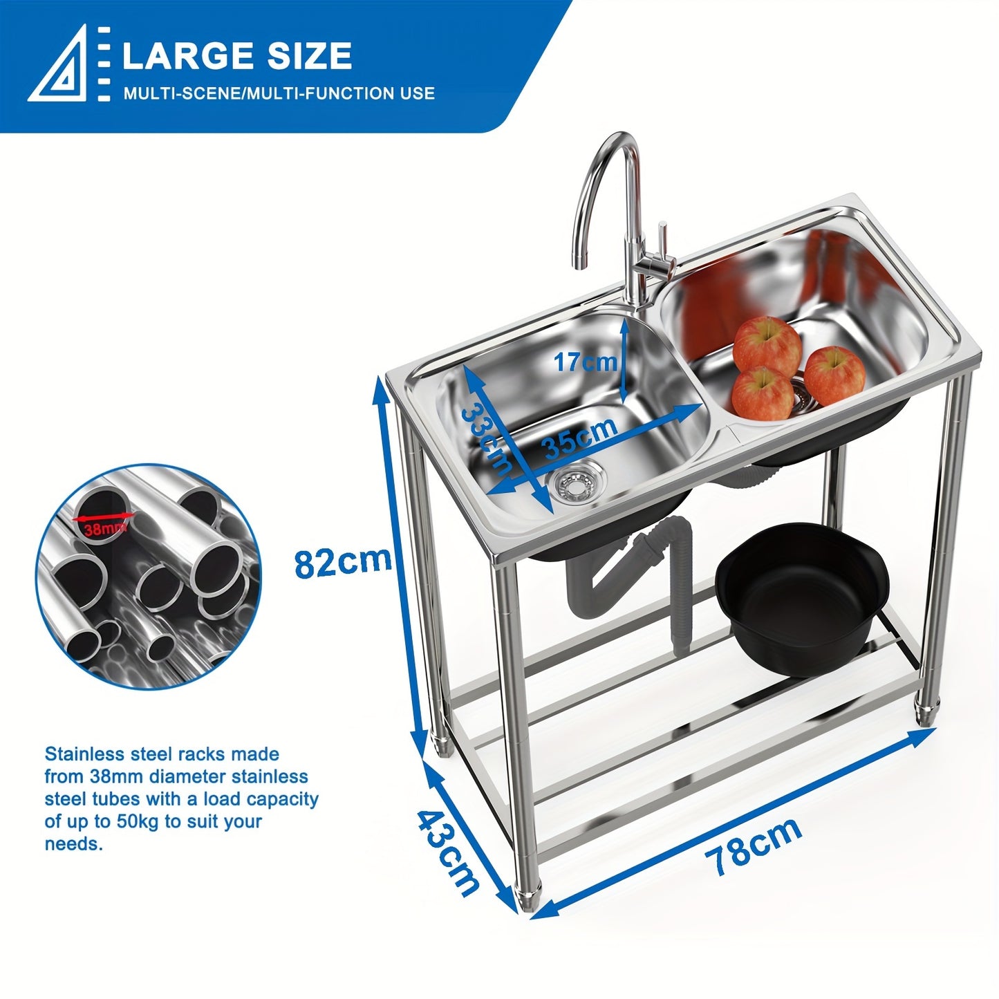 Buitenkeuken Spoelbak – Tuinbak – Mobiele Wasbak – RVS Wastafel – Dubbele Kom – Roestvrij Staal – Vrijstaand – Warm en Koud Water