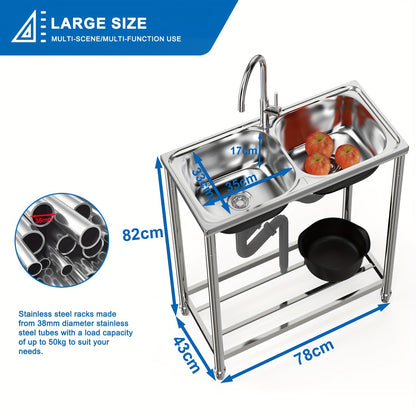 Buitenkeuken Spoelbak – Tuinbak – Mobiele Wasbak – RVS Wastafel – Dubbele Kom – Roestvrij Staal – Vrijstaand – Warm en Koud Water