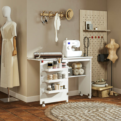 Naaitafel – Naaikast – Werktafel – Hobbytafel – Creatieve Tafel – Inklapbaar Werkblad – Stevig Houten Frame – Opbergruimte Met Wieltjes – Wit – 118x40x79,5 cm