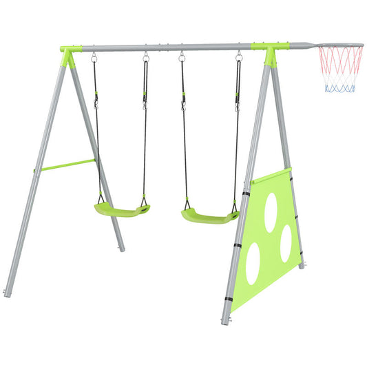 Swing Set for , 2 Swing Seats, 1 Basketball Hoop, 1 Soccer Goal, Metal Frame, Green, ' Play Equipment, ' Playground, Interactive Play Set, Fun Play Equipment, Weatherresistant Material, Safe For, Play Equipment, Sports Play S