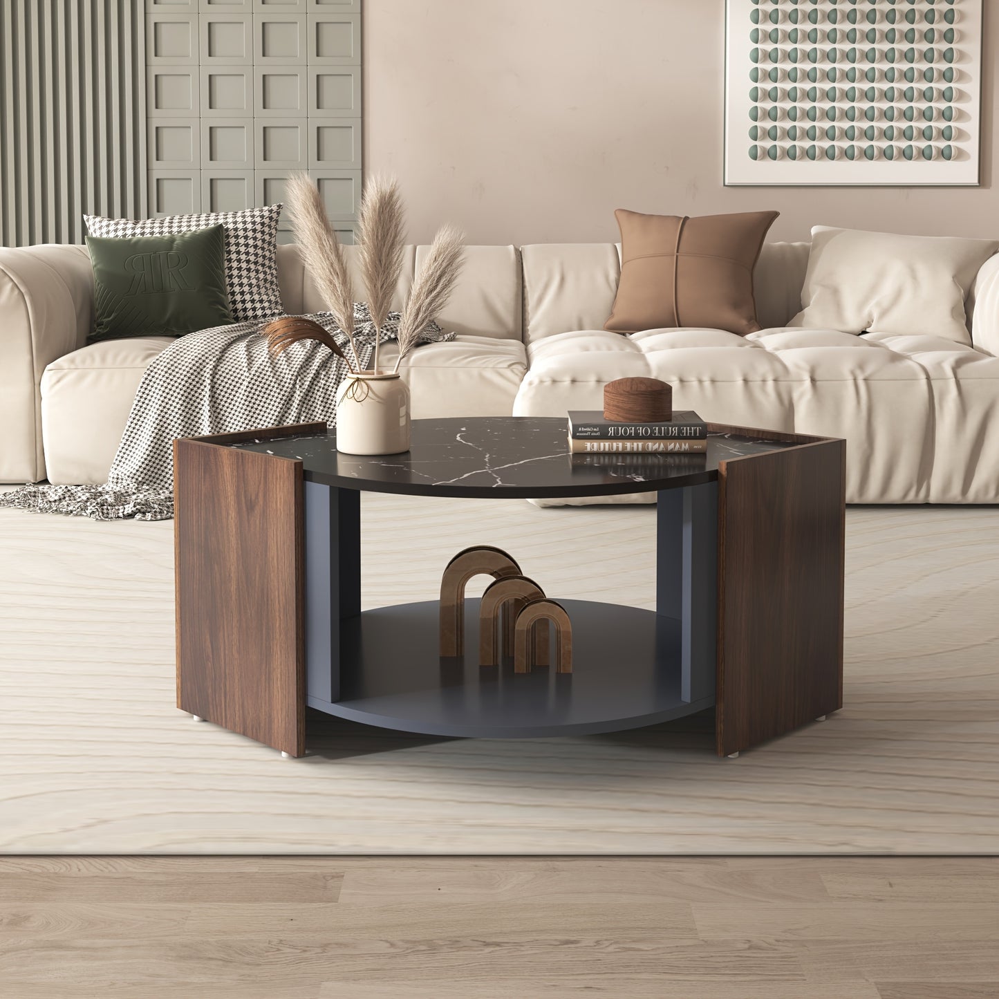 Koffietafel – Salontafel – Bijzettafel – Tafeltje – Lounge Tafel – Modern Marmerlook – Warmbruin Onderstel – Geen Montage – Compact Design