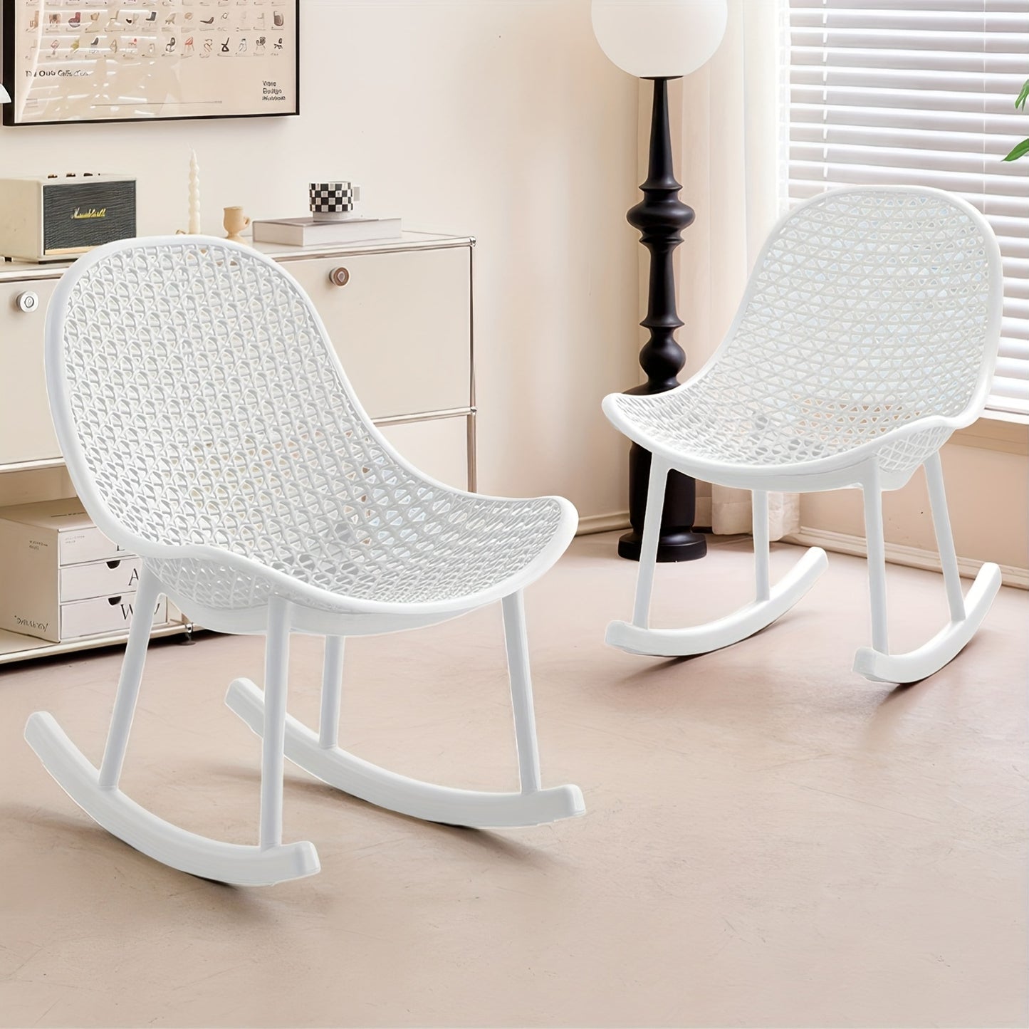 Rocking chair 2pcs set Ergonomic design for living room bedroom study Indoor PP material up to 200kg loadable Modern White, Chaise Confortable, Chaise Longue, Chaise Pliable, Cozy Seating, Bedroom Seating, Minimalist Design,