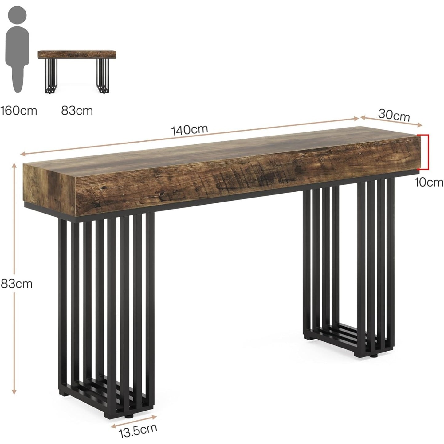 Narrow Console Table – Smalle Sidetable – Haltafel – Wandtafel – Entreetafel – Industrieel Metaal Frame – Houten Vintage Blad 140 cm Bruin