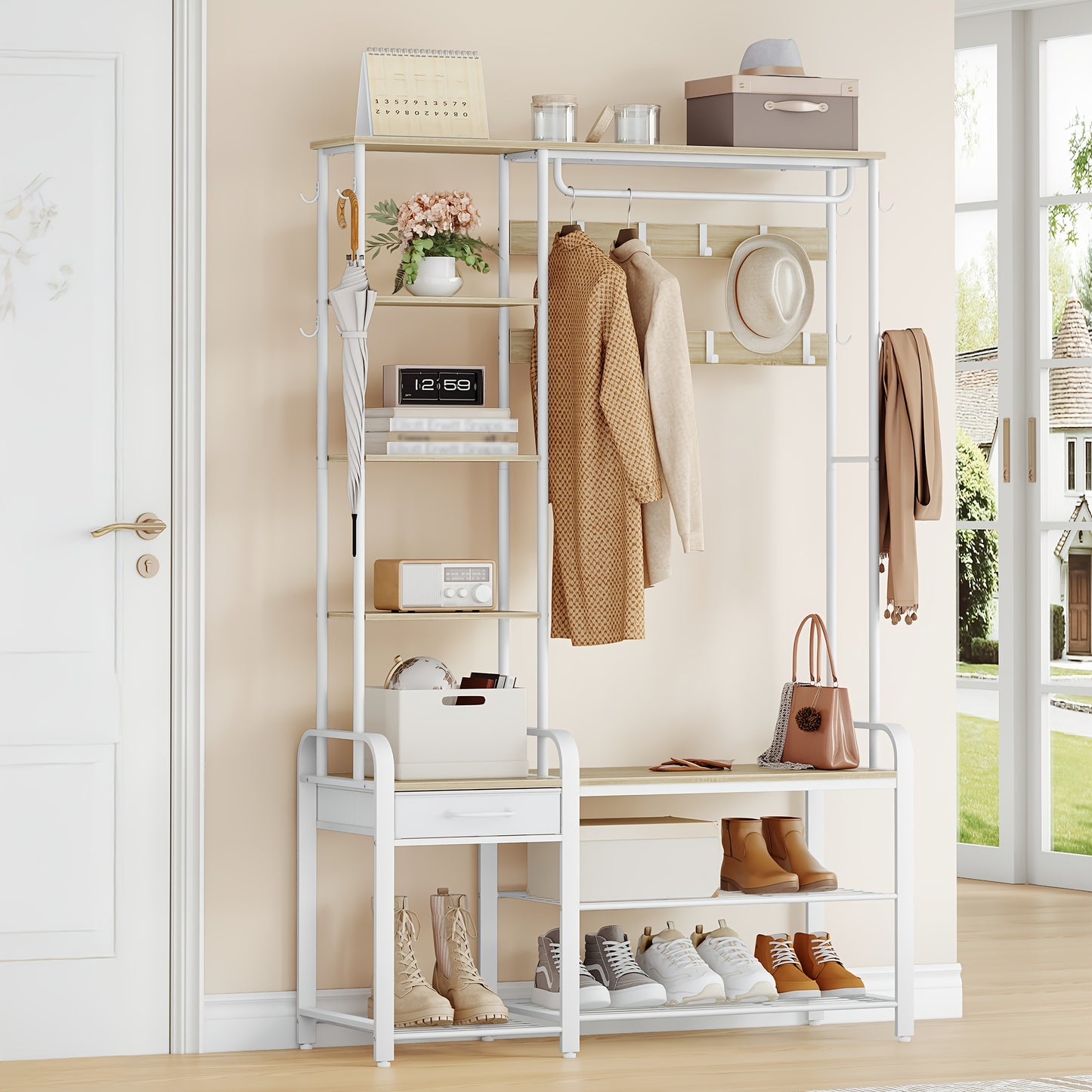 Shoe Rack with Stool, Coat Rack with Three-tier Shoe Bench And 1 Drawer, 5-in-1 Clothes Rack with 17 Hooks, 1 Hanging Rail, 4 Side Shelves, White - QUORE